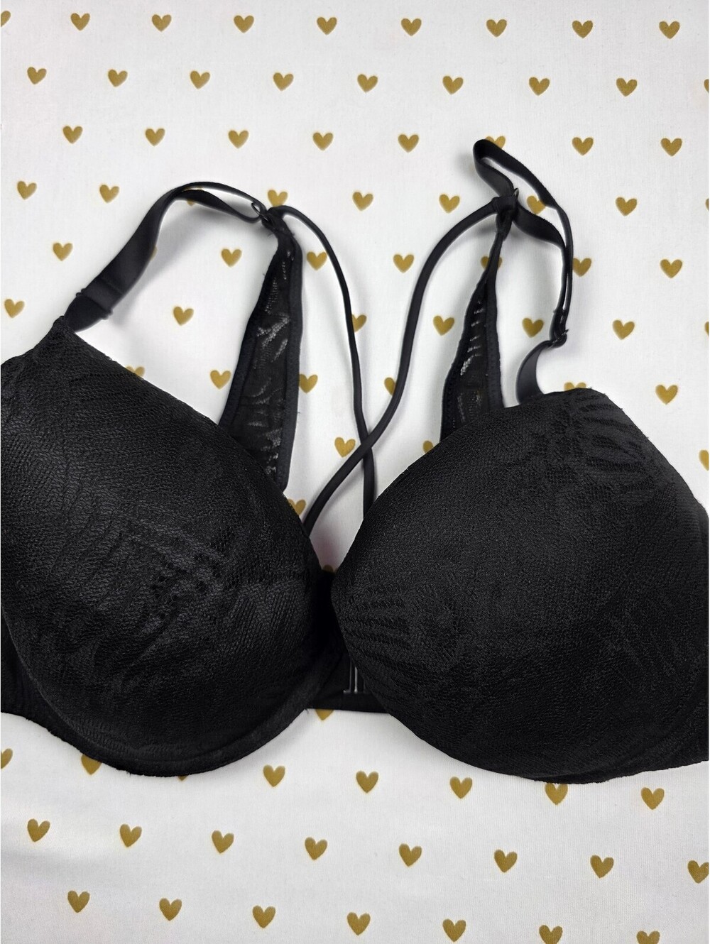 Victorias Secret Pink Black Strappy Front Close Push Up bra 34DD